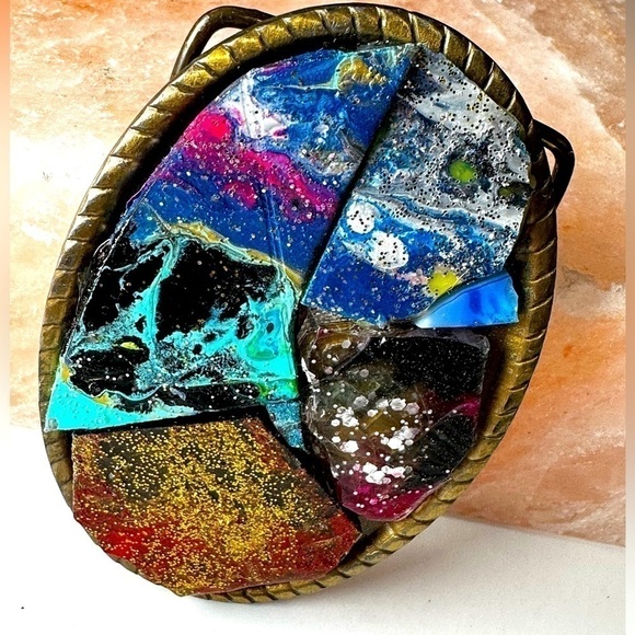 Repurposed BELT BUCKLE OOAK Hand Painted Mosaic Tiles Cluster Artisan Unisex - Picture 8 of 17